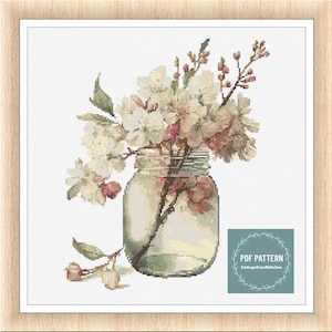 Flowers in Mason Jar, kruissteekpatronen pdf, afdrukbaar pdf-patroon, kruissteekkaart, instant download, digitale getelde kruissteek