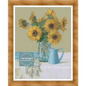 Sunflowers in a mason jar cross stitch pattern, farmhouse pdf pattern, instant download, Digital counted cross stitch chart, embroidery