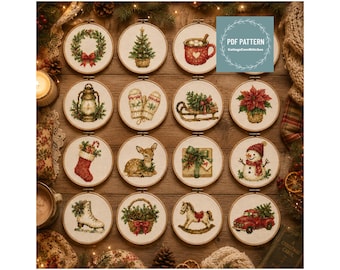 MINI Christmas Ornament Cross Stitch PDF,  Set of 16 Holiday Designs, woodland deer, snowman, sleigh, digital pattern pdf