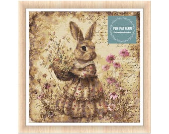 Bunny in Dress with Flowers cross stitch pattern, Counted cross stitch pattern, embroidery pattern, PDF cross stitch chart, PDF Pattern