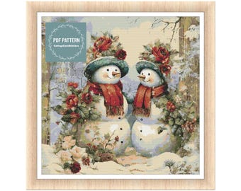 Vintage Snowmen in Winter Scenery cross stitch pattern, instant download, counted cross stitch chart, hand embroidery, needlepoint pattern
