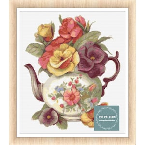 Blommig tekanna, korsstygnsmönster blommor, direkt nedladdning i PDF-format, räknat korsstygn, broderimönster, PDF-mönster, digitalt mönster