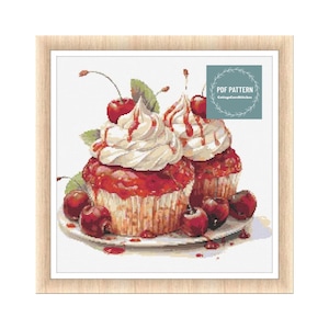 Kersencupcakes kruissteekpatroon pdf, afdrukbaar pdf-patroon, kruissteekkaart, instant download, digitale getelde kruissteek