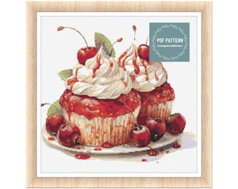Cherry cupcakes cross stitch pattern pdf, printable pdf pattern, Cross Stitch Chart, instant download, Digital counted cross stitch