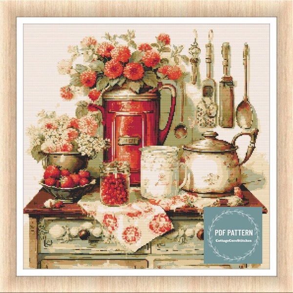 Shabby Chic Retro Red Kitchen Cross stitch pattern pdf, printable pdf pattern, vintage kitchen counted cross stitch chart, cozy cross stitch