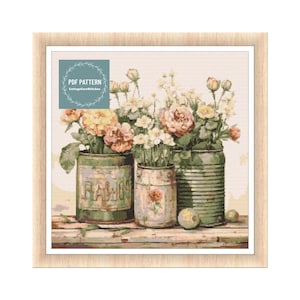 Flowers in Cans, cross stitch patterns pdf, printable pdf pattern, Cross Stitch Chart, instant download, Digital counted cross stitch
