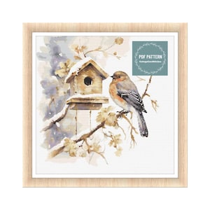 Vogels op besneeuwde takken kruissteekpatroon pdf, winterlandschap kruissteek, digitale patroon pdf, kruissteekkaart, instant download