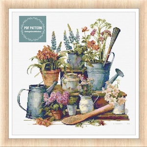 Vintage Gardening Tools cross stitch pattern pdf, Compatible with Pattern Keeper, cross stitch pattern country, country home pattern