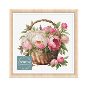 Flowers in Basket cross stitch, Cross Stitch Pattern Flowers, Instant Download PDF, Counted Cross Stitch, Embroidery Pattern, PDF Pattern