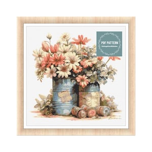 Flowers in Mason Jar, kruissteekpatronen pdf, afdrukbaar pdf-patroon, kruissteekkaart, instant download, digitale getelde kruissteek