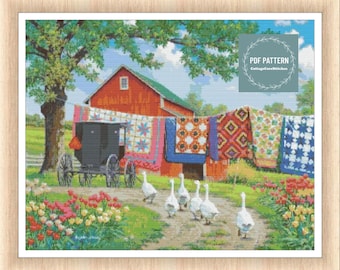 Farmhouse cross stitch pattern, cross stitch pattern country, hand embroidery pattern, count cross stitch pattern pdf, country home cross