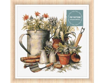 May include: A cross stitch pattern featuring a vintage watering can, gardening tools, and potted plants with flowers in shades of red, white, and green. The pattern is titled "PDF PATTERN CottageCrossStitches".