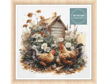 Shabby Chic Floral Chicken Coop cross stitch pattern, farmhouse pdf pattern, instant download, Digital counted cross stitch chart,