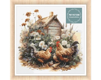 Shabby Chic Floral Chicken Coop cross stitch pattern, farmhouse pdf pattern, instant download, Digital counted cross stitch chart,