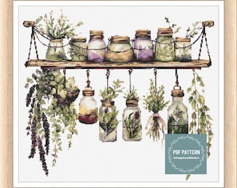 Kitchen herbs in jars and drying herbs cross stitch pattern pdf, printable pdf pattern, Cross Stitch Chart, instant download,digital pattern