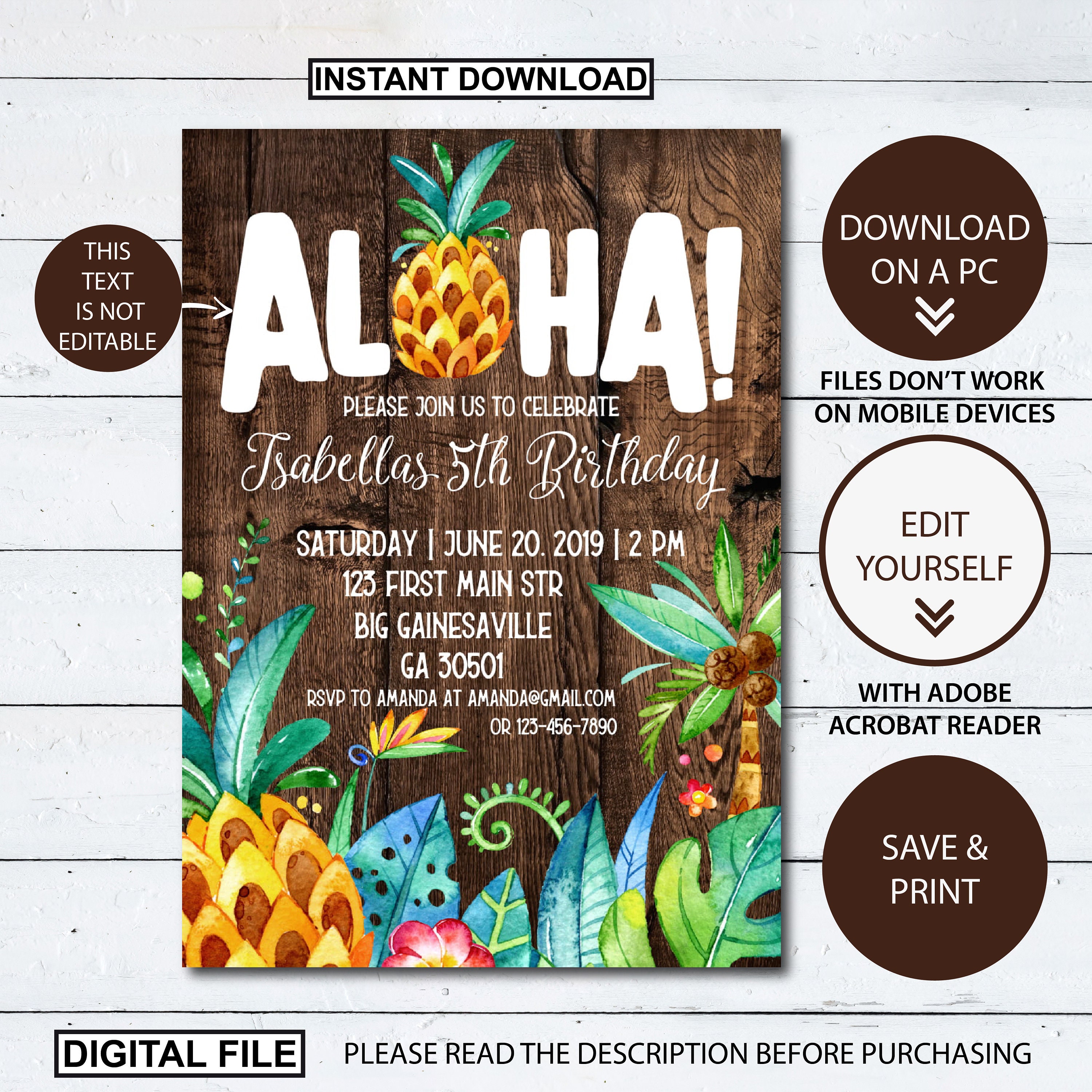 Aloha Birthday editable invitation Hawaiian Birthday Etsy