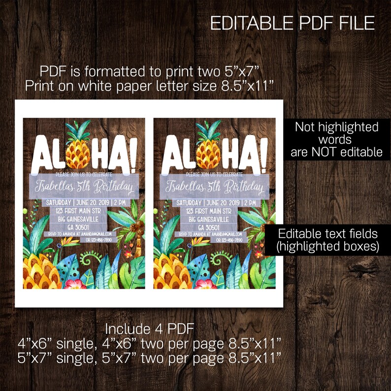 Aloha Birthday Editable Invitation Hawaiian Birthday Etsy