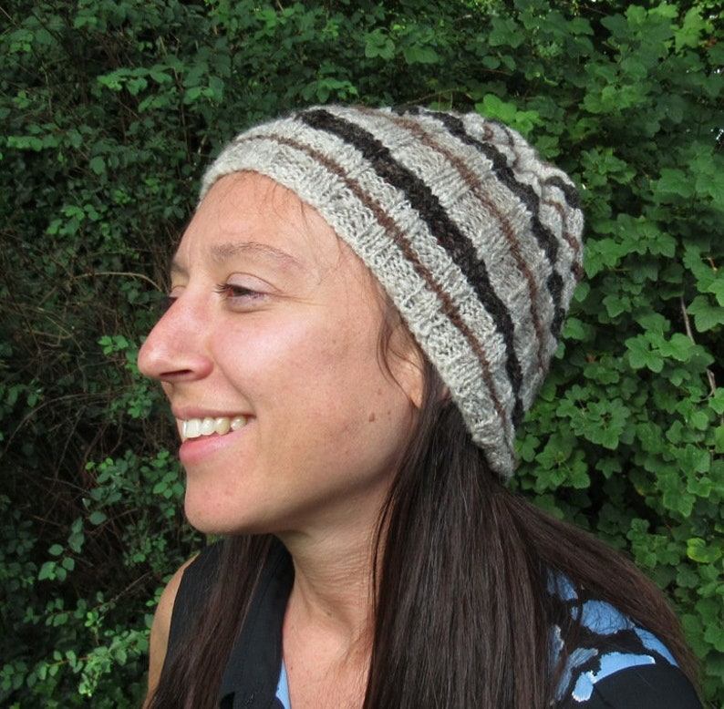 Hand spun hand knitted Shetland wool hat in natural colours