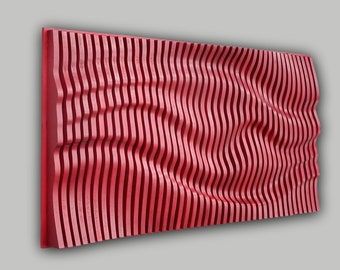 Pearl ruby red parametric wall art of wooden slats, wood sound diffuser, 3D wavy wall sculpture, geometric wall decor, large wall hanging