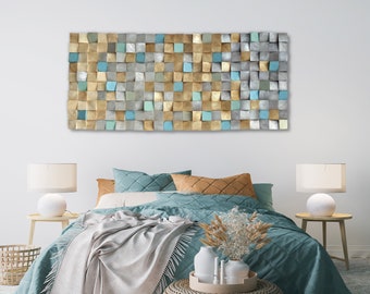 Earth tone wall art, smoky gray, sand, grayish brown with silver and golden tones, turquoise, green, sky blue, textured wood wall decor