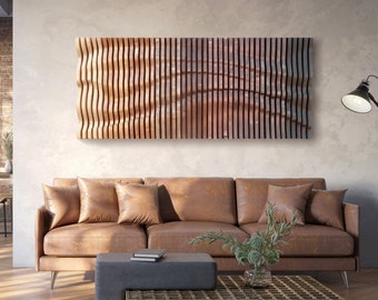 ombre brown wavy wood wall décor made of slats, acoustic wall panel, 3d wall sculpture, contemporary parametric wall piece, sound wave art