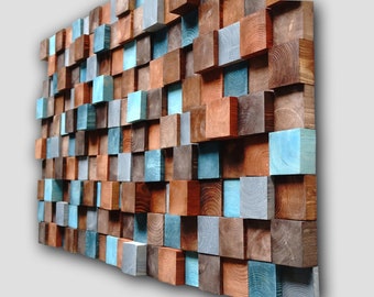 brown gray turquoise dimensional Wooden Mosaic, Modern Wood Art Wall Hanging For Home, Wood Wall Art, Wall Decor, Wood Mosaic Wall Art,