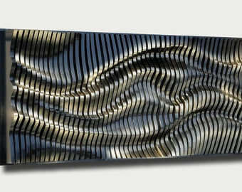 black gold glossy parametric wall art of wooden slats, wood sound diffuser, 3D wavy wall sculpture, geometric wall decor, large wall hanging