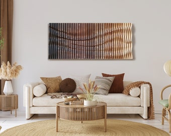 ombre brown wavy wood wall art made of slats, wooden wall panel, 3d wall sculpture, contemporary parametric wall piece