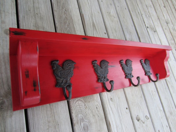 Rustic Country Coat Rack, Rustic Kitchen Towel Rack With Spice Shelf and Rooster Hooks, Farmhouse Coat Rack
