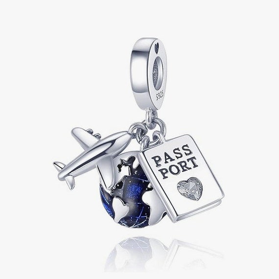 Airplane Passport Dangle Charm , Silver 925 Charm for Bracelet