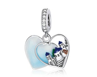 Santorini Greece Vacation Travel Charm , Silver 925 Charm For Bracelet, Fit For Pandora Bracelet