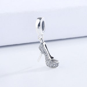 Pavé Stiletto Shoe Dangle Charm , Silver 925 Charm For Bracelet, Fit For Pandora Bracelet