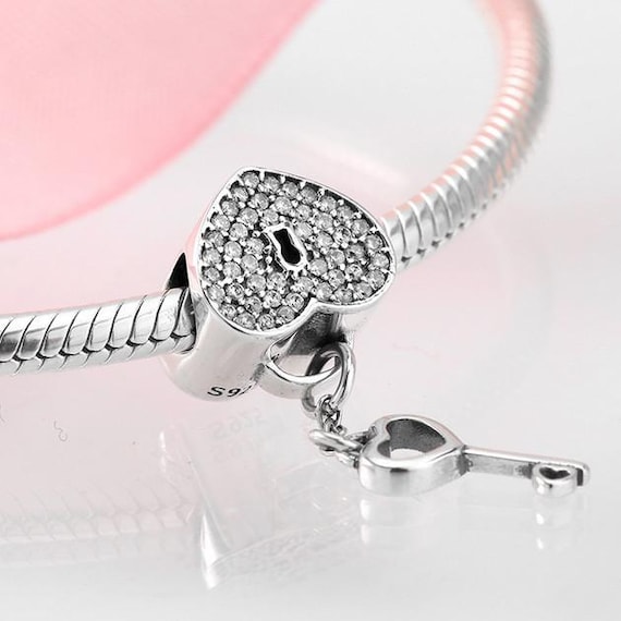 Key Lock Heart Charm Silver 925 Charm for Bracelet, Fit for