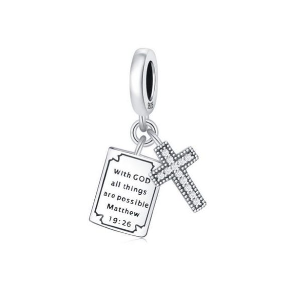 Cross and Bible Charm Silver 925 Charm for Bracelet, Fit for