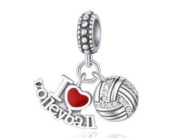 I Love Volleyball Charm , Silver 925 Charm For Bracelet, Fit For Pandora Bracelet