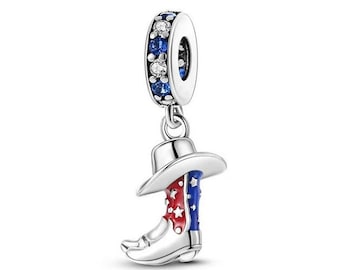 Ciondolo con cappello e stivali da cowboy, ciondolo in argento 925 per bracciale, adatto per bracciale Pandora
