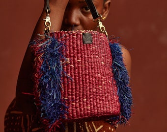 Pink and Blue Raffia Bag, Purse, Handbag, Shoulder Bag, Bag with Leather Handles, Beach Bag, Natural Bag