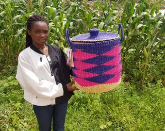Handwoven African Laundry Basket with Lid: Eco-Friendly Storage Hamper