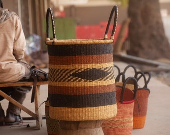 Handwoven Laundry Hamper: Large African Basket with Leather Handles
