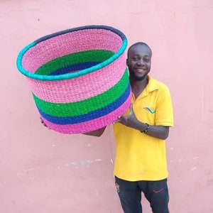 Large Colorful Woven Storage Basket, Floor Basket, Handmade Basket, Bolga Basket, African Woven Basket, Natural Basket