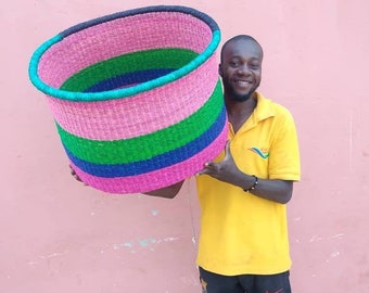 Large Colorful Woven Storage Basket, Floor Basket, Handmade Basket, Bolga Basket, African Woven Basket, Natural Basket