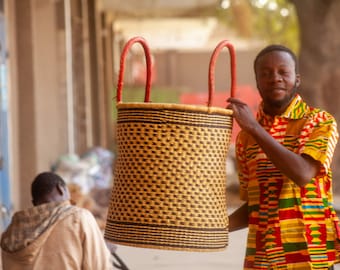 Handwoven Laundry Hamper: Large African Basket with Leather Handles