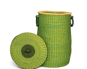 May include: A green and white striped woven storage basket with a matching lid. The basket has two handles on the side and a gold knob on the lid.