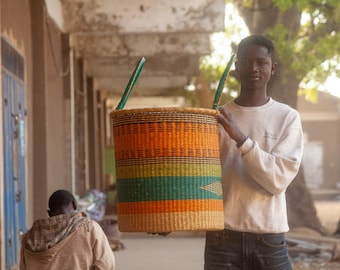 Handwoven Laundry Hamper: Large African Basket with Leather Handles