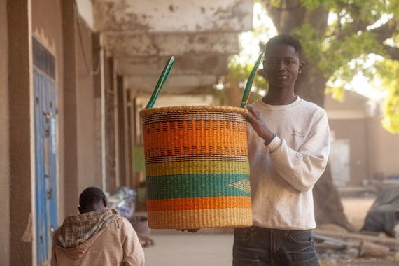 Handwoven Laundry Hamper: Large African Basket with Leather Handles