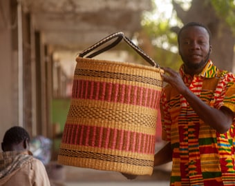 Handwoven African Laundry Basket: Large Woven Hamper with Leather Handles