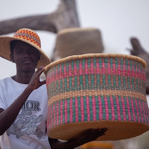 Large Colorful Woven Storage Basket, Floor Basket, Handmade Basket, Bolga Basket, African Woven Basket, Natural Basket image 2