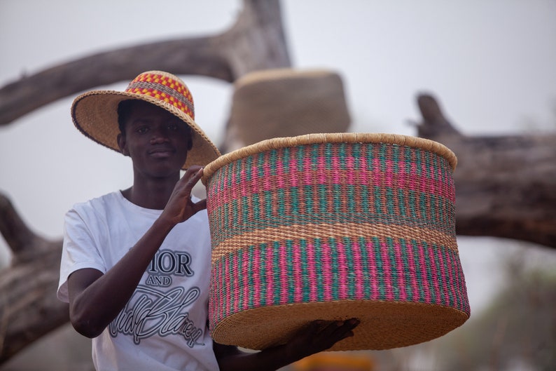 Large Colorful Woven Storage Basket, Floor Basket, Handmade Basket, Bolga Basket, African Woven Basket, Natural Basket image 2