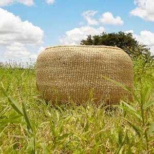 Puede incluir: Una cesta grande, redonda y tejida de forma natural se encuentra en un campo de hierba verde. La cesta est&aacute; hecha de materiales naturales y tiene un color marr&oacute;n claro. El cielo es azul con nubes blancas en el fondo.