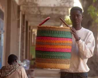 Handwoven Laundry Hamper: Large African Basket with Leather Handles